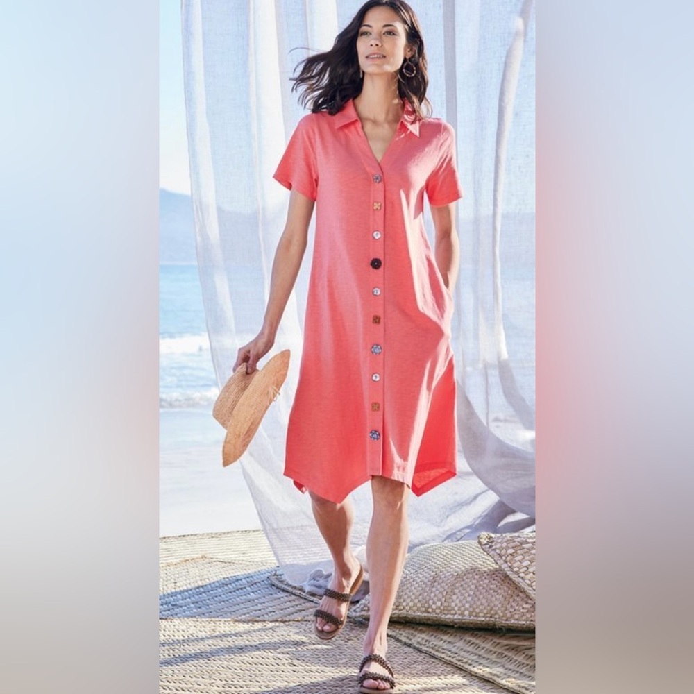 Soft Surroundings Coral Danielle Button Dress, Size Petite XL